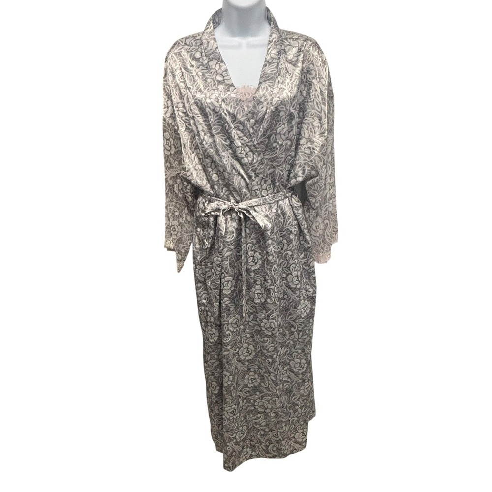 Private Luxuries Grey Floral Lace Print Satin Robe & Nightgown Set Large 15561H